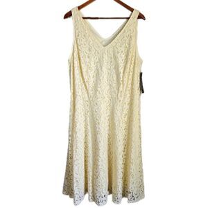 Sharagano Butter Yellow Lace Dress Women's 14W Sleeveless Cottagecore Spring